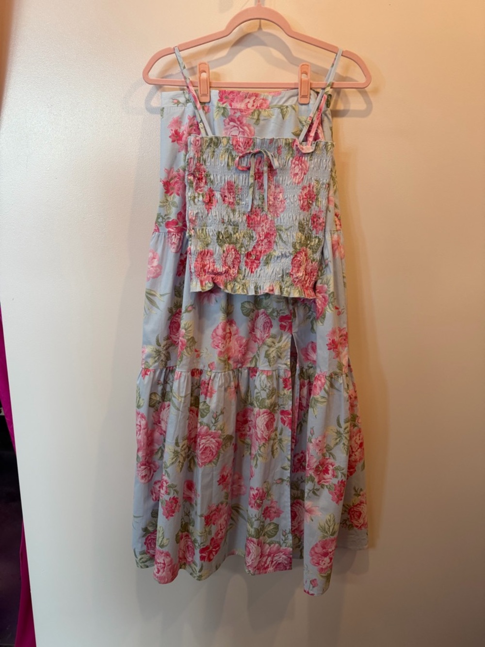 Wayf Pink Floral Smocked Two-Piece Dress Set